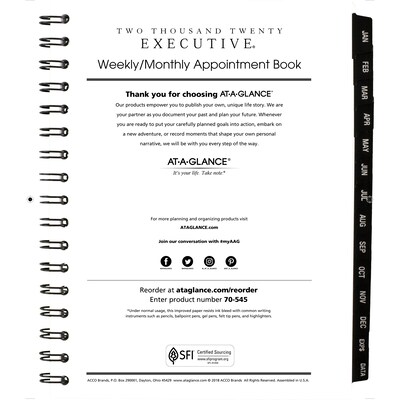 2020 AT-A-GLANCE 6 1/2 x 8 3/4 Weekly/Monthly Appointment Book Refill Executive (70-908-10-20)
