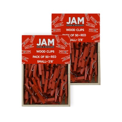 JAM Paper Wood Clip Small Wood Clothespins, Red, 2 Packs of 50 (230729137A)