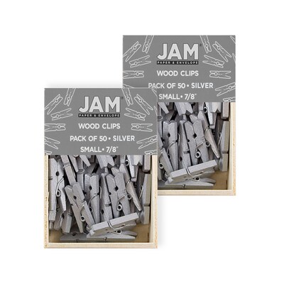 JAM Paper Wood Clip Small Wood Clothespins, Silver, 2 Packs of 50 (230726887A)