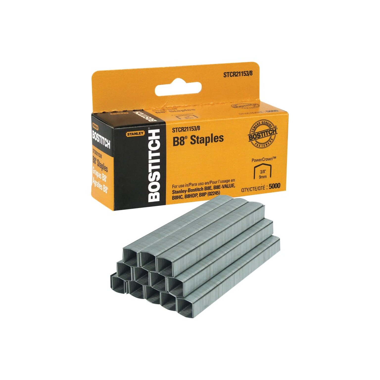 Bostitch B8 PowerCrown Chisel Tip Staples, 0.38 Leg Length, 5000/Box (STCR21153/8)