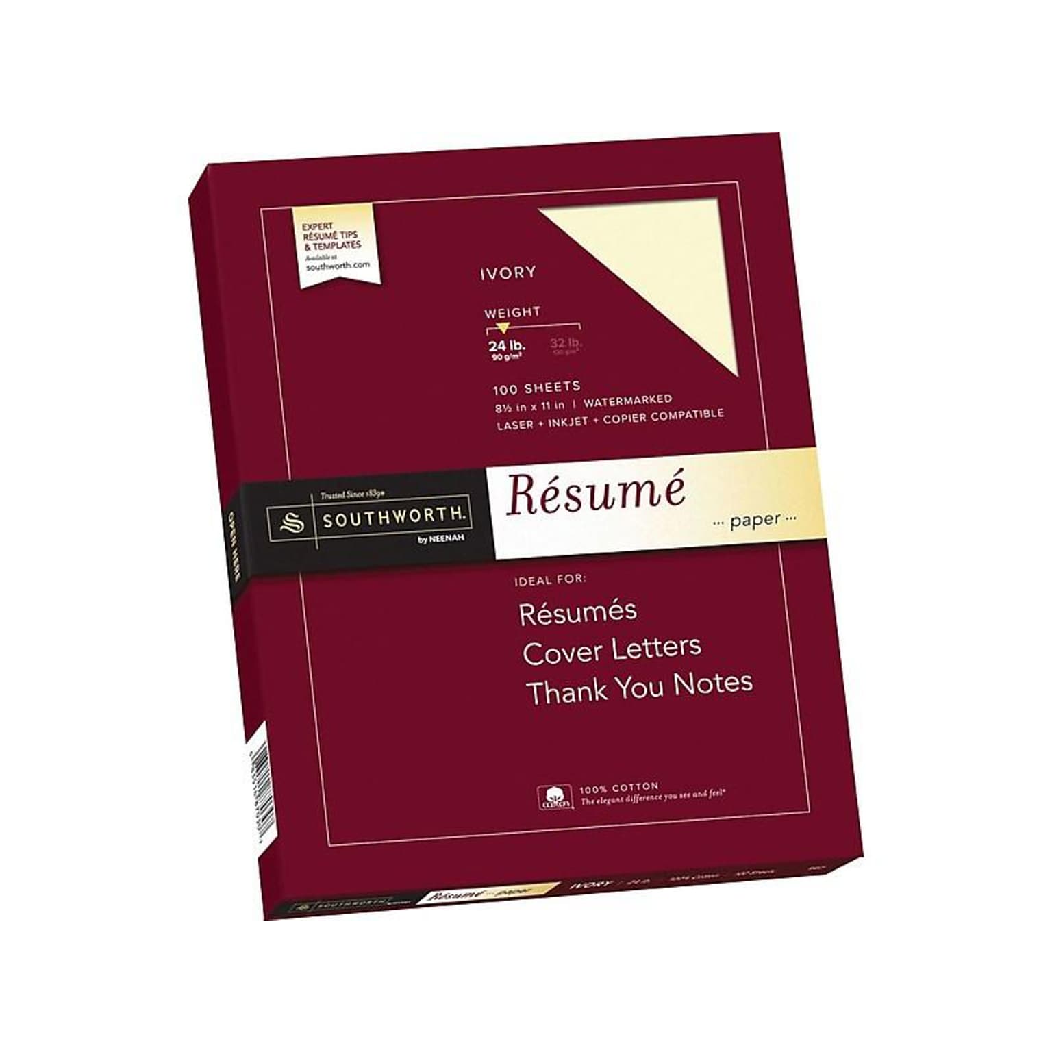 Southworth Resume Paper, 8.5 x 11, 24 lb., Wove-Finish, Ivory, 100 Sheets/Box (R14ICF)