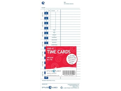 Pyramid Time Cards for 3000HD, 3500, 3500SS, 3550SS, 3600SS, 3700 Time Clocks, 100/Pack (35100-10)