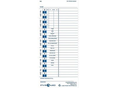 Pyramid Time Cards for 3000HD, 3500, 3500SS, 3550SS, 3600SS, 3700 Time Clocks, 100/Pack (35100-10)