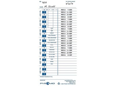 Pyramid Time Cards for 3000HD, 3500, 3500SS, 3550SS, 3600SS, 3700 Time Clocks, 100/Pack (35100-10)