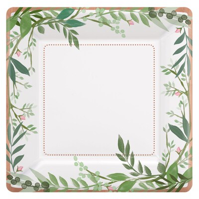 Amscan Love and Leaves Bridal Shower 7 in. Metallic Square Paper Plates, Pack of 5 (542143)