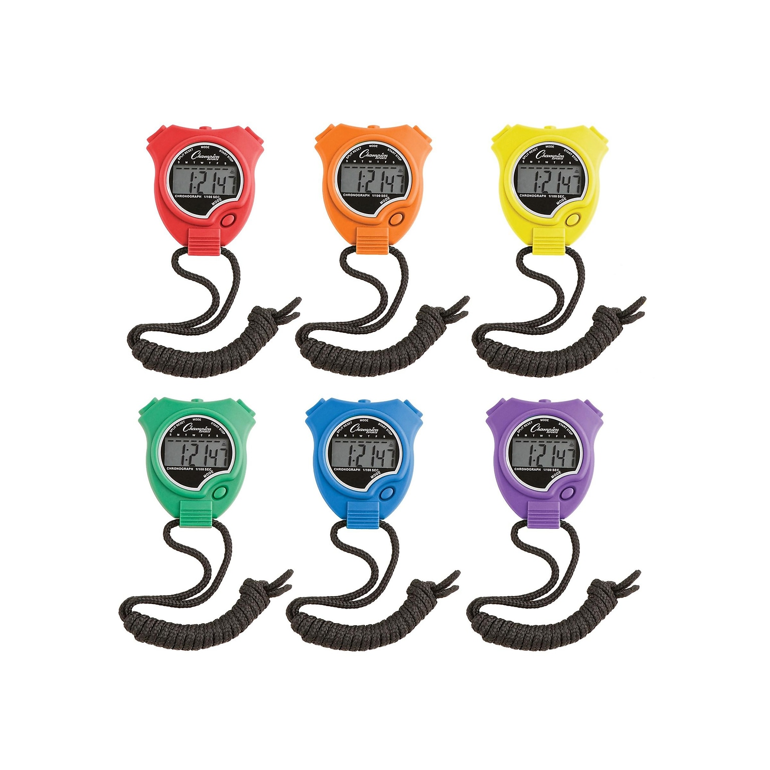 Champion Sports Digital Stopwatches, Assorted Colors, 6/Pack (910SET)