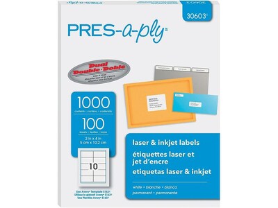 PRES-a-ply Laser/Inkjet Shipping Labels, 2 x 4, White, 10 Labels/Sheet, 100 Sheets/Box (30603)