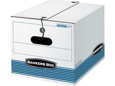 Bankers Box Medium-Duty FastFold File Storage Boxes, String & Button, Letter/Legal Size, White/Blue,