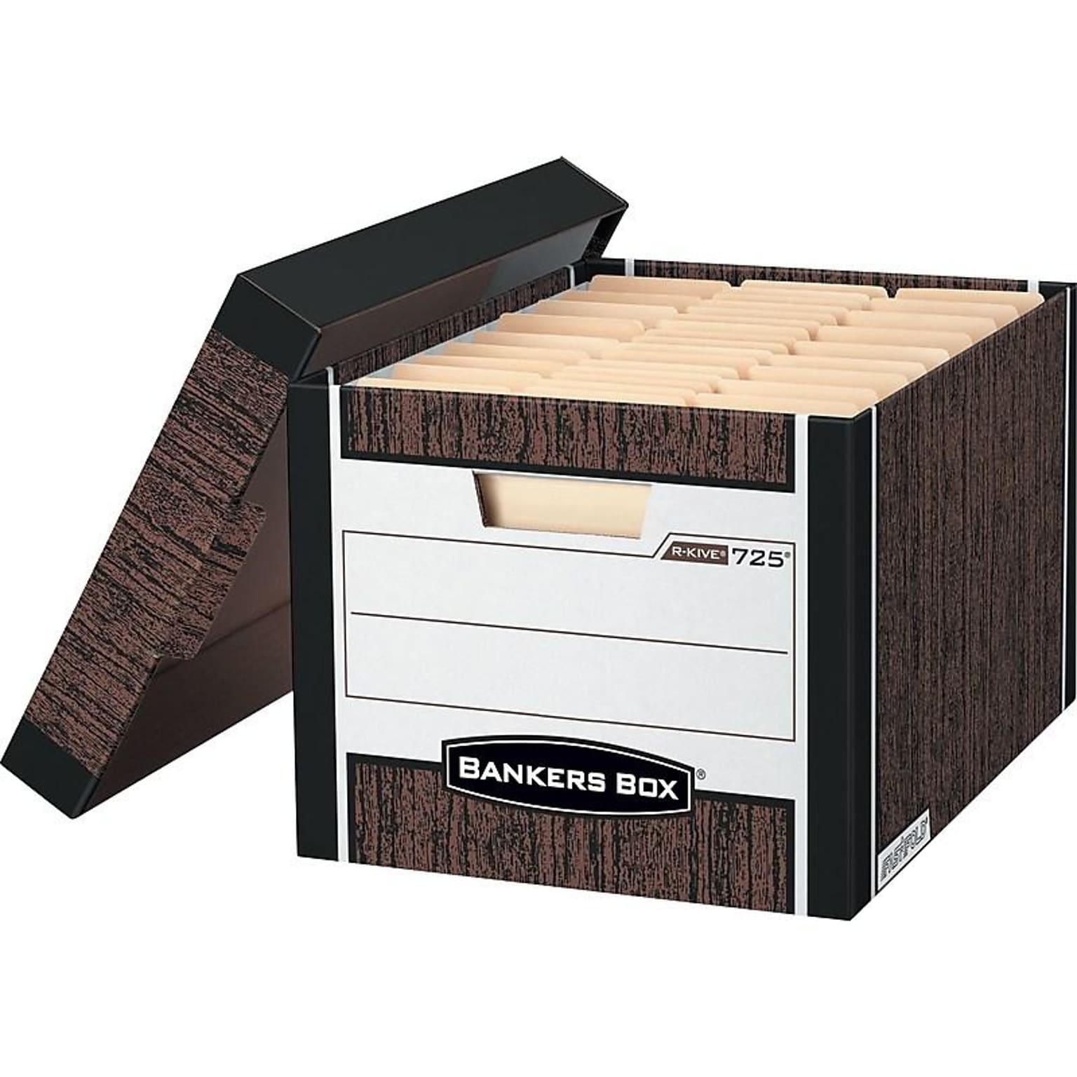 Bankers Box R-Kive® Heavy-Duty FastFold File Storage Boxes, Lift-Off Lid, Letter/Legal Size, Woodgrain, 4/Pack (0072506)