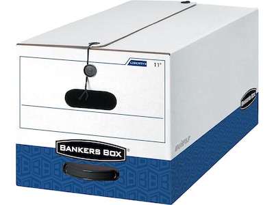 Bankers Box Heavy-Duty Corrugated File Storage Boxes, String & Button, Legal Size, White/Blue, 4/Car