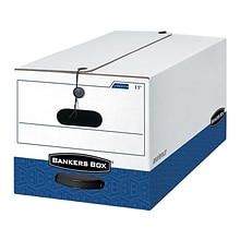 Bankers Box Heavy-Duty Corrugated File Storage Boxes, String & Button, Legal Size, White/Blue, 4/Car