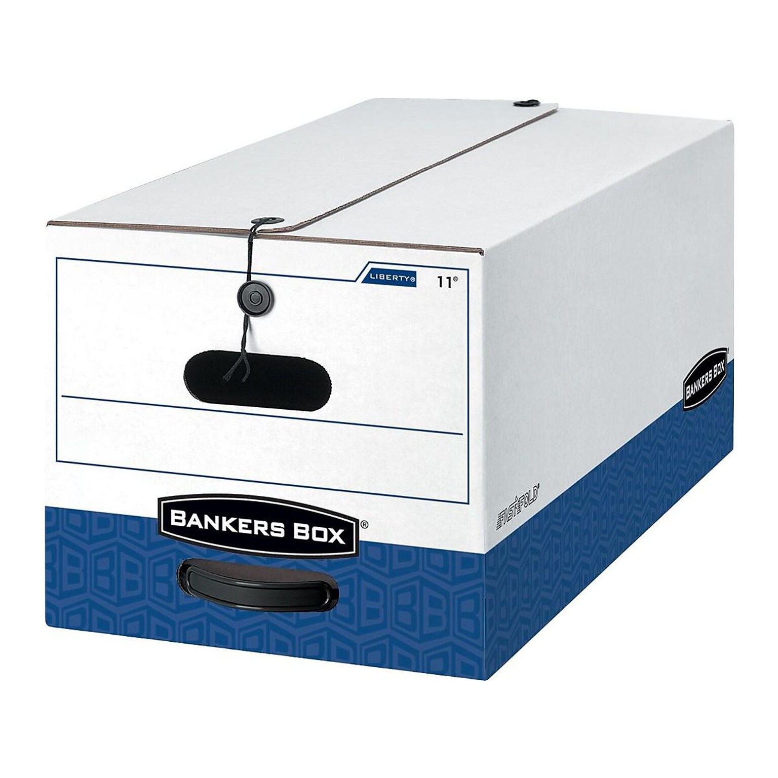 Bankers Box Heavy-Duty Corrugated File Storage Boxes, String & Button, Legal Size, White/Blue, 4/Carton (0001203)