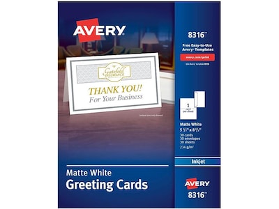 Avery Half-Fold Greeting Cards with Envelopes, 5.5 x 8.5, Matte White, Inkjet, 30/Pack (08316)