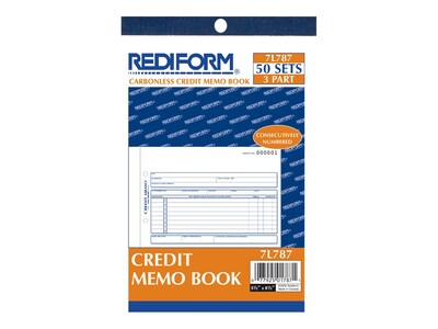 Rediform 3-Part Carbonless Credit Memos, 5.5"L x 7.88"W, 50 Sets/Book (RED7L787)