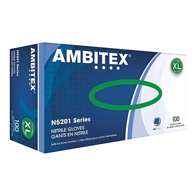 Ambitex N5201 Series Powder Free Blue Nitrile Gloves, XL, 100/Box (NXL5201)
