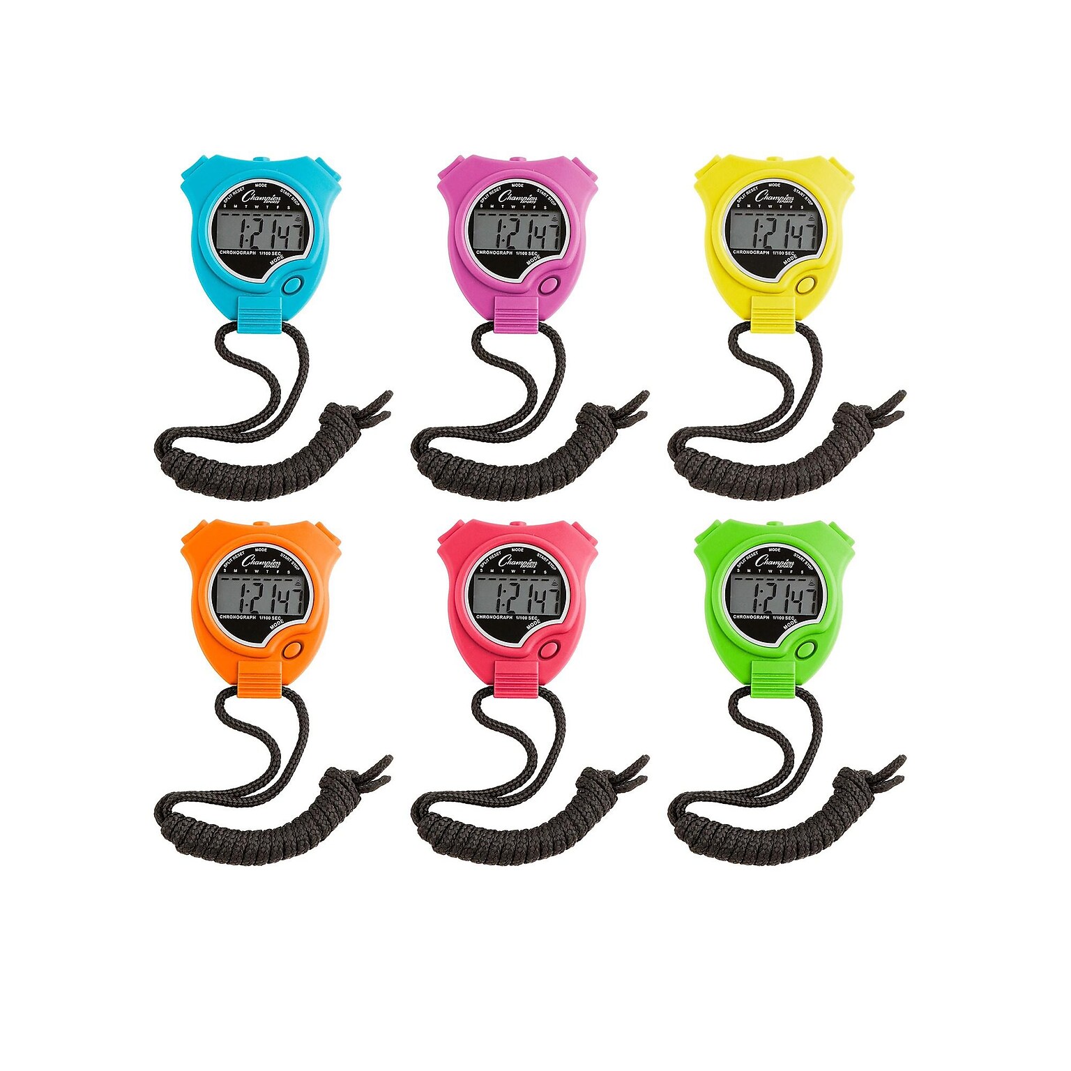 Champion Sports Digital Stopwatches, Assorted Neon Colors, 6/Set (910NSET)