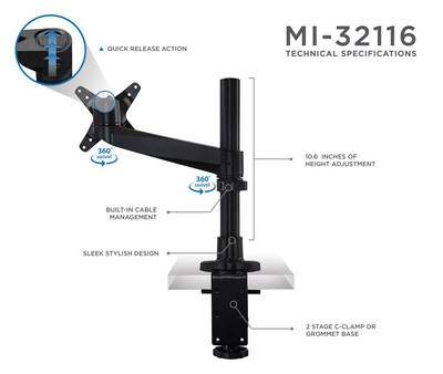 Mount-It! Modular Height Adjustable Adjustable Monitor Mount, Up to 27" Monitors, Black (MI-32116B)