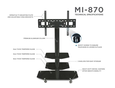 Mount-It! 3-Shelves Mobile TV Stand with Rolling Casters, Black (MI-870)