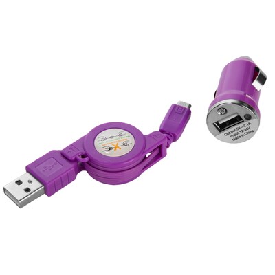 SumacLife Purple Retractable USB Car Charger with Micro USB Cable