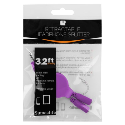SumacLife Purple Retractable 3.2 FT Headphone Splitter 3.5mm Male to 2 3.5 mm Female Cable