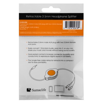 SumacLife Purple Retractable 3.2 FT Headphone Splitter 3.5mm Male to 2 3.5 mm Female Cable