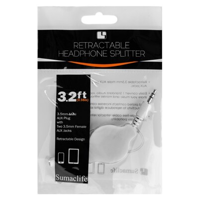 SumacLife White Retractable 3.2 FT Headphone Splitter 3.5mm Male to 2 3.5 mm Female Cable