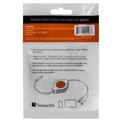 SumacLife White Retractable 3.2 FT Headphone Splitter 3.5mm Male to 2 3.5 mm Female Cable