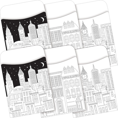 Barker Creek Color Me! Cityscapes Peel & Stick Library Pockets, Multi-Design Set, 60/Set (BC3847)