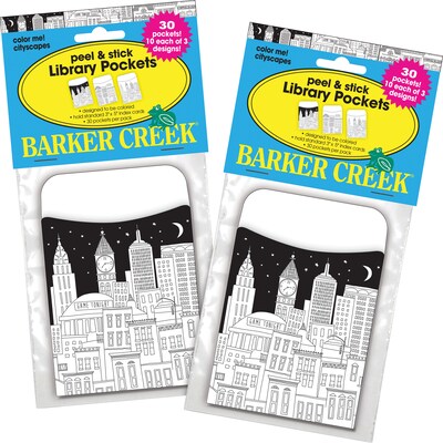 Barker Creek Color Me! Cityscapes Peel & Stick Library Pockets, Multi-Design Set, 60/Set (BC3847)