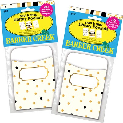Barker Creek Gold Peel & Stick Library Pockets, 5.125 x 3.5, 60/Set (BC3840)