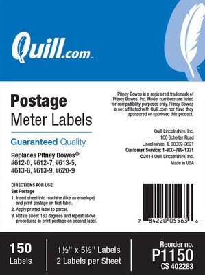 Quill Brand® Postage Meter Self-Adhesive Labels, 1-1/2 x 5-1/2, White, 2 Labels/Sheet, 75 Sheets/P