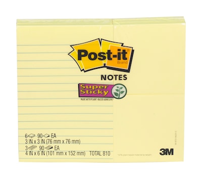 Post-it® Super Sticky Notes, Combo Pack, Canary, Lined/Unlined, 90 Sheets/Pad 9 Pads/Pack, (4633-9SSCY)