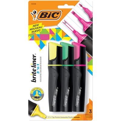 BIC Brite Liner 3 n 1 Blade Highlighter, Assorted Tip, Assorted Colors, 3/Pack (BLP3P31-AST)