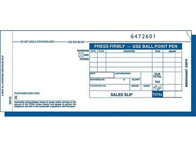 TOPS Credit Card Sales 3-Part Carbonless Receipts, 3.25L x 7.88W, 100 Sets/Book, 5/Carton (38538CT