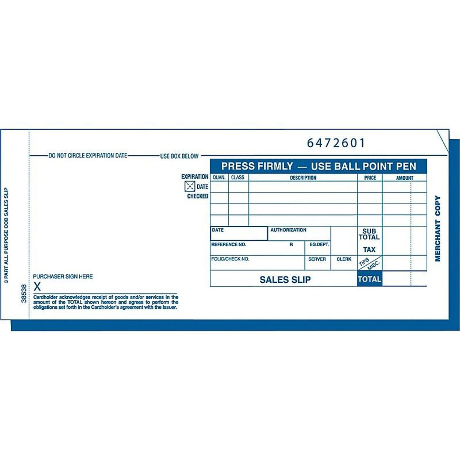 TOPS Credit Card Sales 3-Part Carbonless Receipt, 3.25L x 7.88W, 100/Pack (TOP 38538)