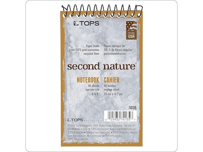 TOPS Second Nature Memo Pad, 3 x 5, Narrow Ruled, White, 50 Sheets/Pad (TOP 74135)