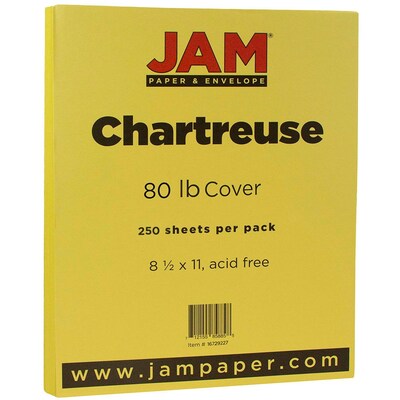 JAM Paper 80 lb. Cardstock Paper, 8.5" x 11", Chartreuse Green, 250 Sheets/Ream (16729227B)