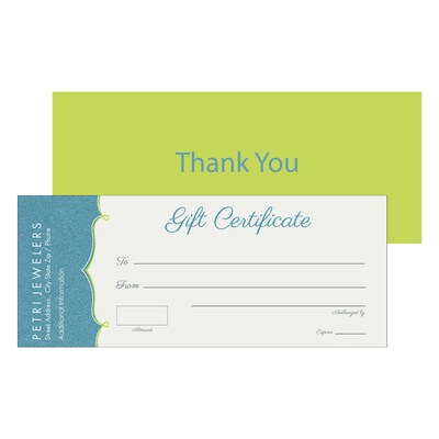 Custom Gift Certificates, 8.5 x 3.5, 14 pt. Coated Stock, 2-Sided