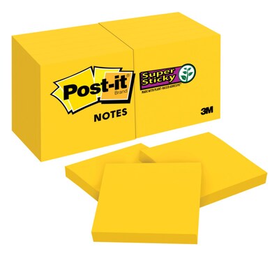 Post-it® Super Sticky Notes, 3 x 3, Bright Yellow, 90 Sheets/12 Pads (654-12SSYW)