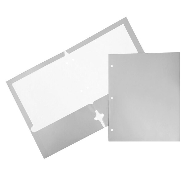 JAM Paper Glossy 3 Hole Punched 2-Pocket School Folders, Silver, 100/Pack (385GHPSIBZ)