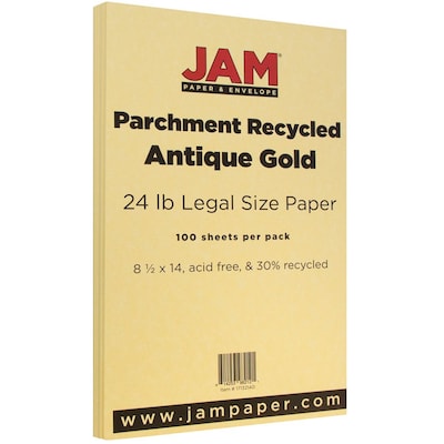 JAM Paper Parchment Colored 8.5" x 14" Paper, 24 lbs., Antique Gold Recycled, 100 Sheets/Pack (17132140)