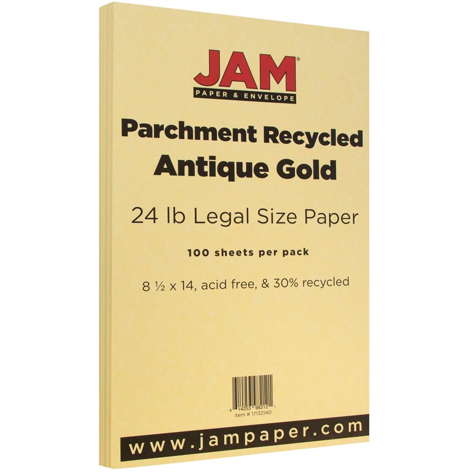 JAM Paper Parchment Colored 8.5 x 14 Paper, 24 lbs., Antique Gold Recycled, 100 Sheets/Pack (17132140)