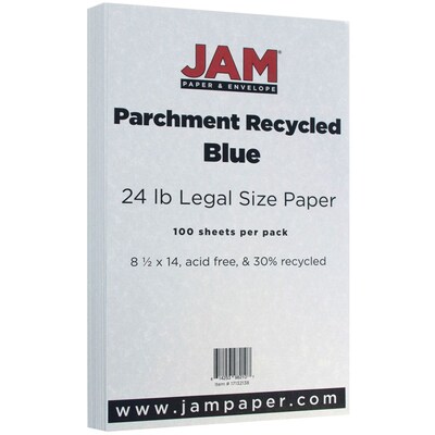 JAM Paper® Legal Parchment 24lb Paper, 8.5 x 14, Blue Recycled, 100 Sheets/Pack (17132138)