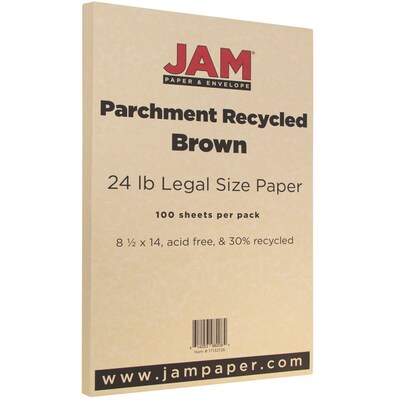JAM Paper Parchment Colored Paper, 24 lbs., 8.5" x 14", Brown Recycled, 100 Sheets/Pack (17132136)