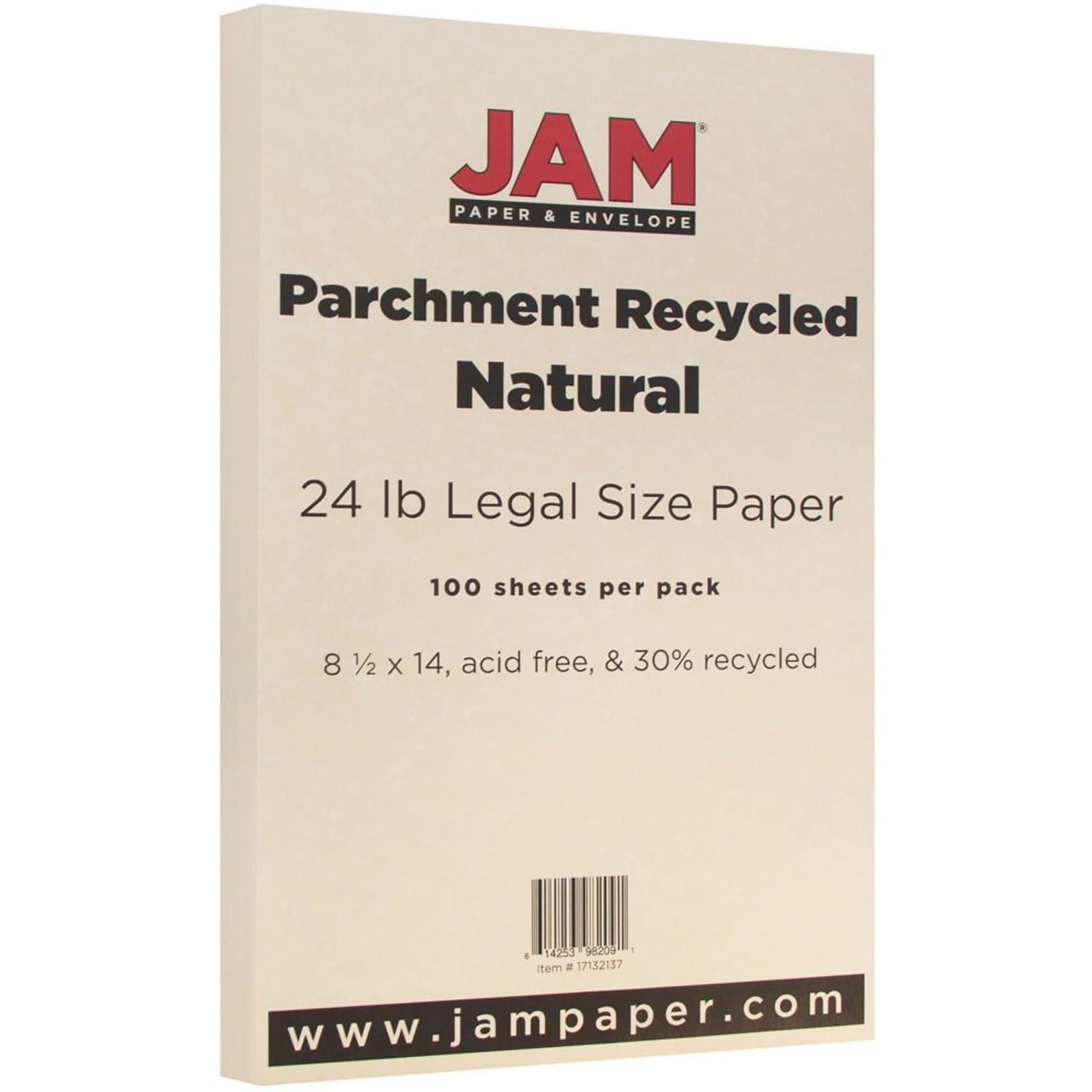 JAM Paper Parchment Colored 8.5 x 14 Paper, 24 lbs., Natural Recycled, 100 Sheets/Pack (17132137)