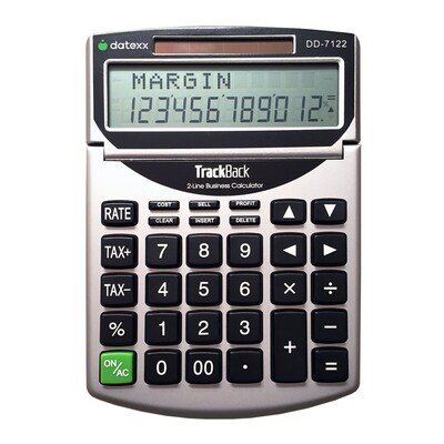 Datexx DD-7122 TrackBack 2-Line Business Desktop Calculator, Silver, 10/Pack