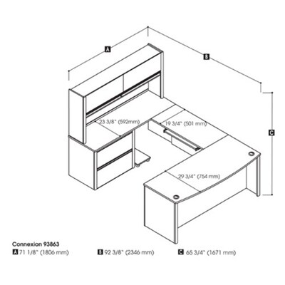 Bestar Connexion Collection 71" U-Shaped Desk with Oversize Pedestal and Hutch, Sandstone/Slate (93863-59)