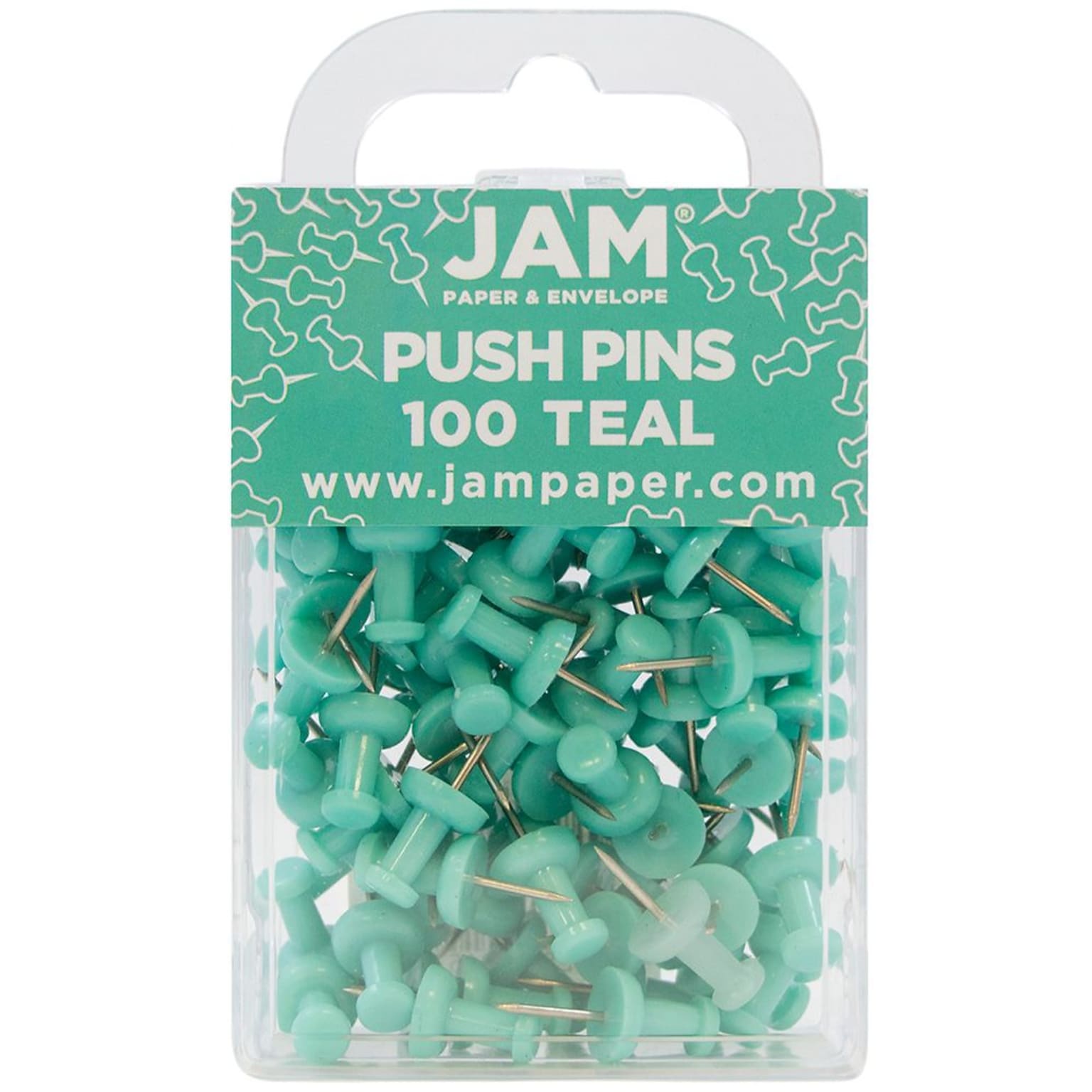 JAM Paper Push Pins, Teal, 2 Packs of 100 (22432067A)