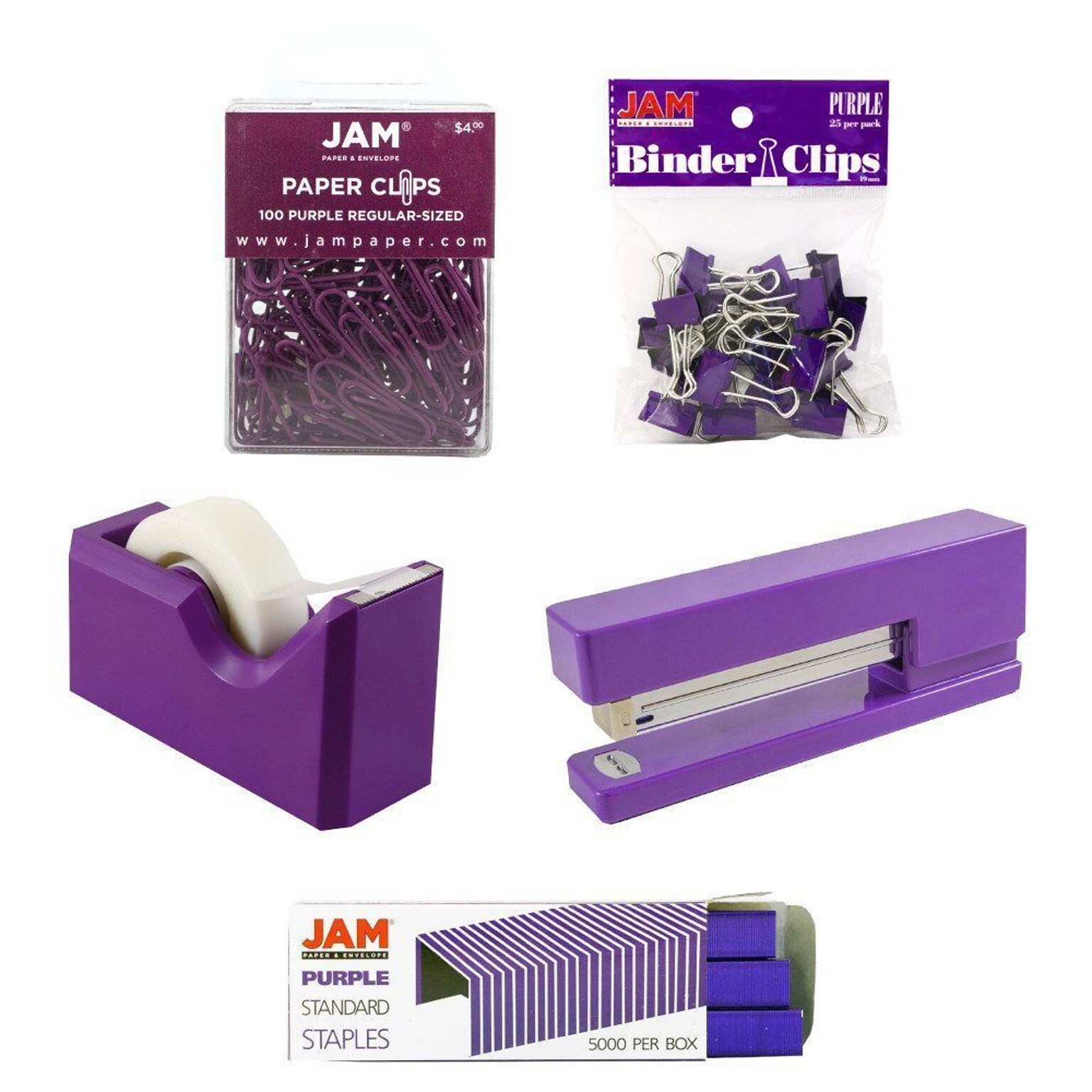 JAM Paper Office Starter Kit, Purple, Stapler, Tape Dispenser, Staples, Paper Clips & Binder Clips, 5/Pack (338756pu)