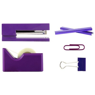 JAM Paper Office Starter Kit, Purple, Stapler, Tape Dispenser, Staples, Paper Clips & Binder Clips,